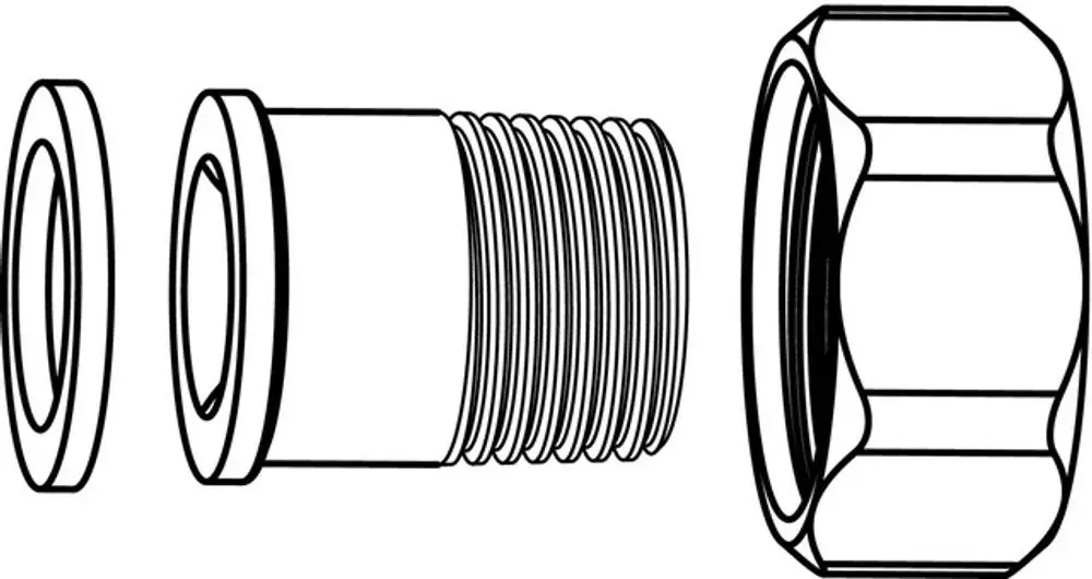 IMI Hydronic Engineering Verschraubung bestehend aus einem Schraubnippel und Dichtungen, dargestellt in einer schematischen Zeichnung für eine flachdichtende Verbindung.